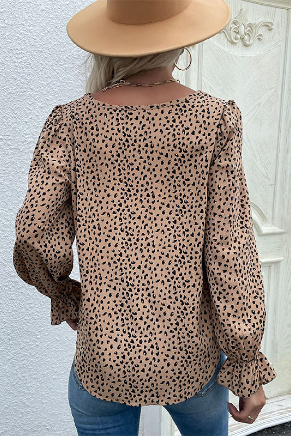 Leopard Flared Sleeve Round Neck Blouse 