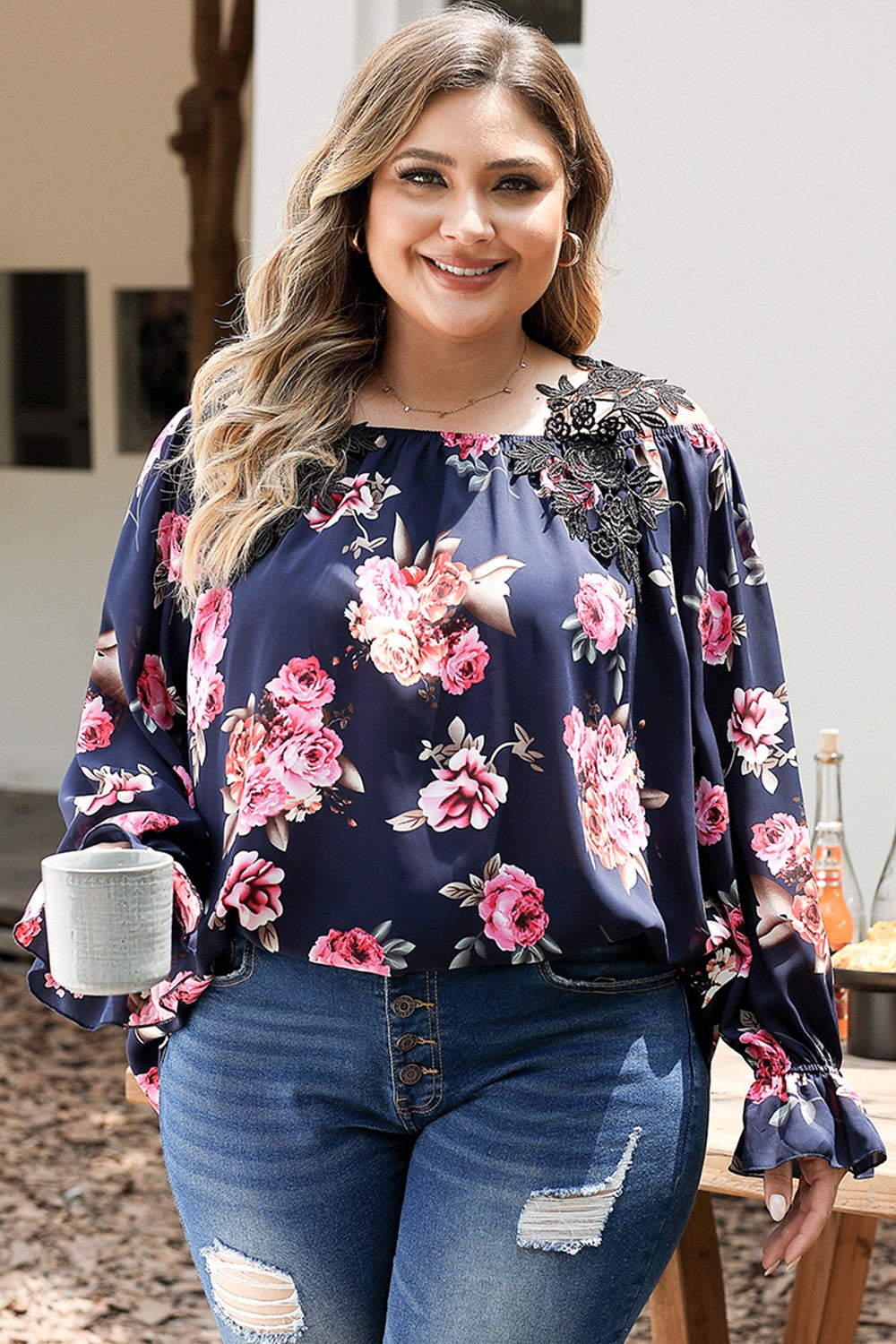 Plus Size Floral Flounce Sleeve Blouse 