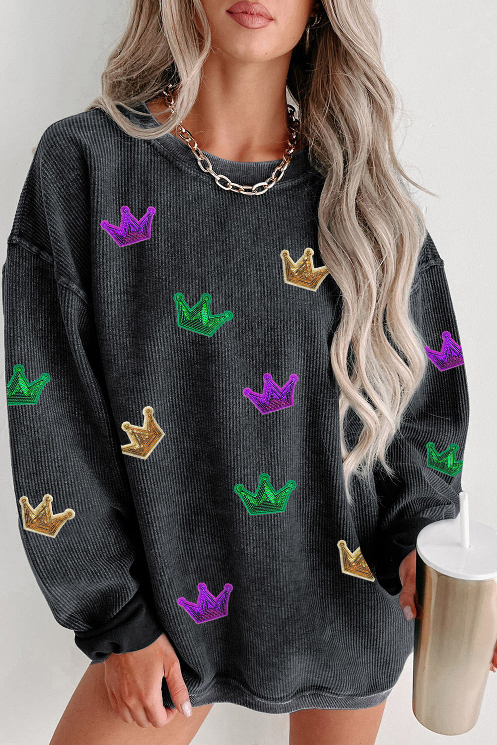 Crown Sequin Round Neck Sweatshirt - Babbazon sweatshirt