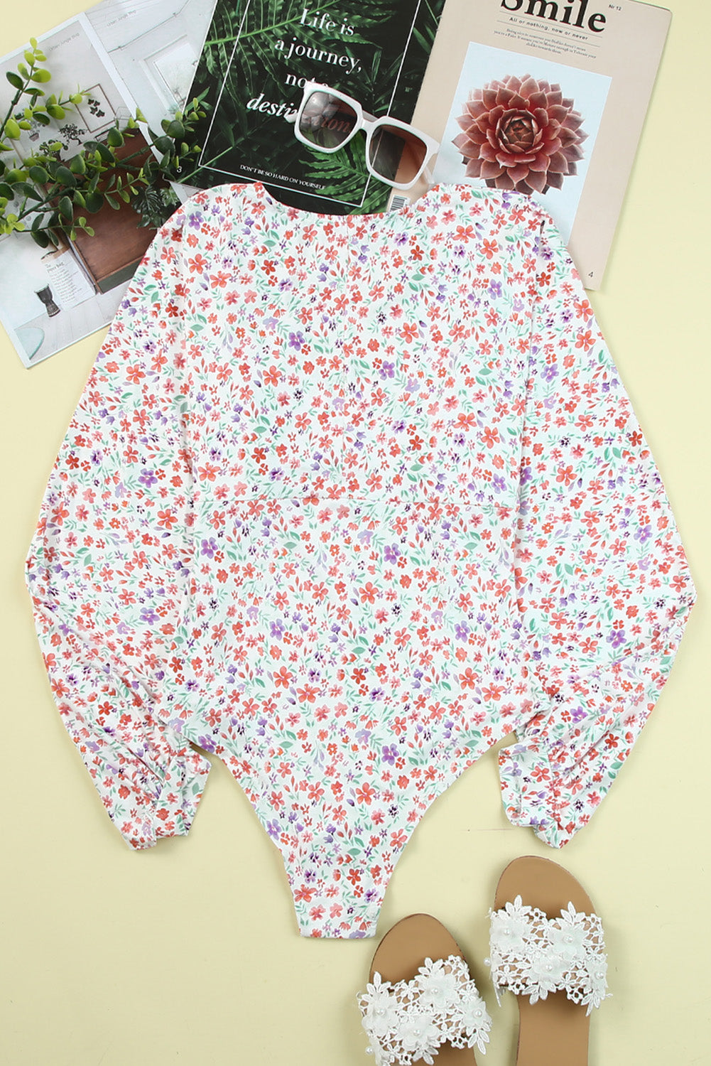 Ditsy Floral Long Sleeve Plunge Bodysuit 