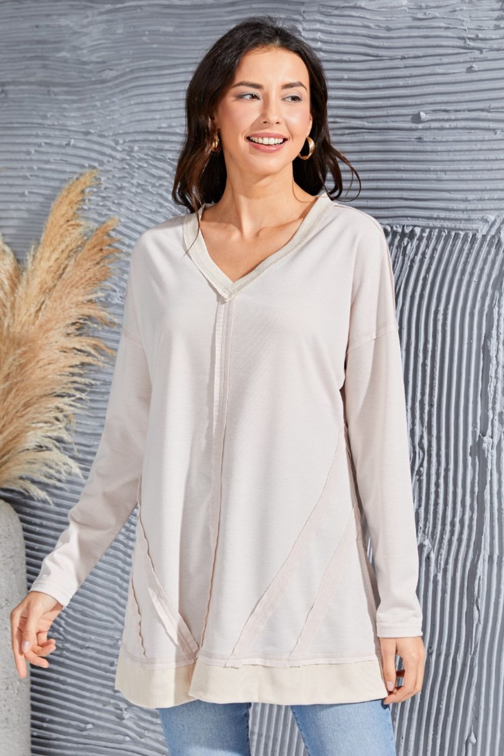 Exposed Seam V-Neck Long Sleeve Slit Sweatshirt 