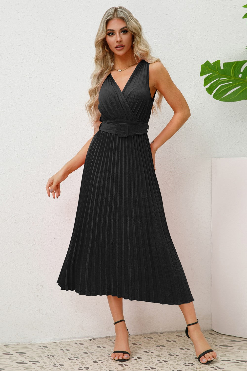 Surplice Sleeveless Midi Pleated Dress - Babbazon Midi Dress