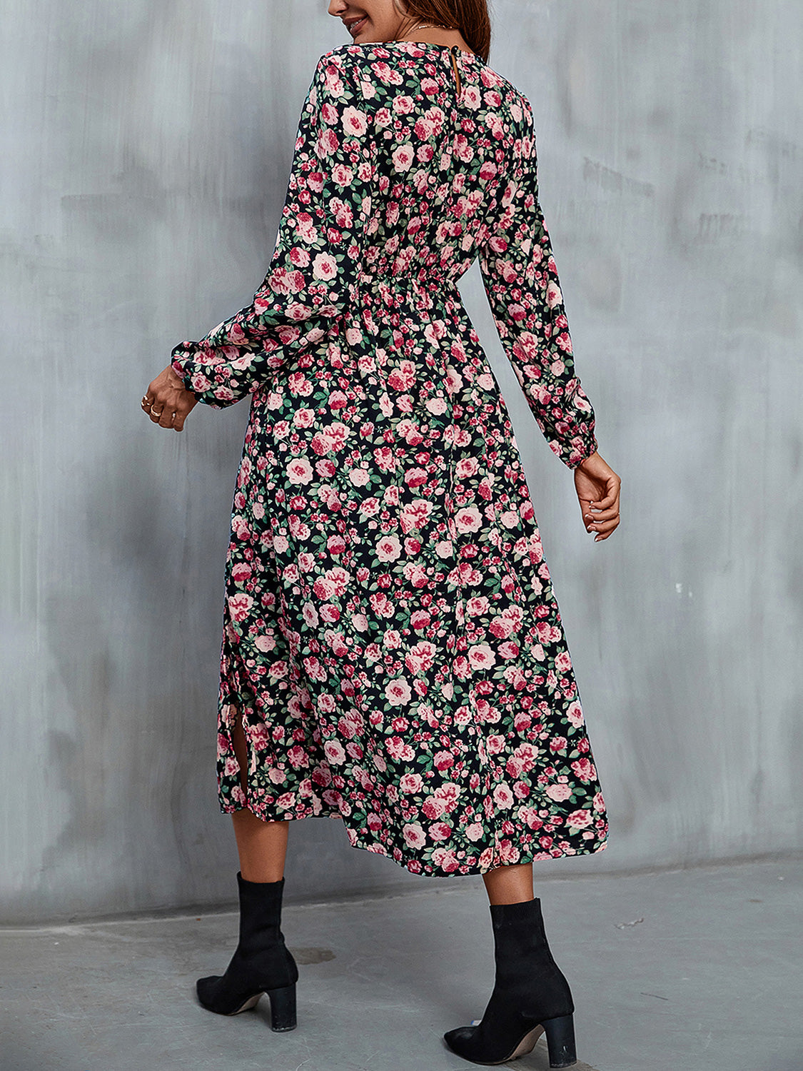 Floral V-Neck Slit Midi Dress 