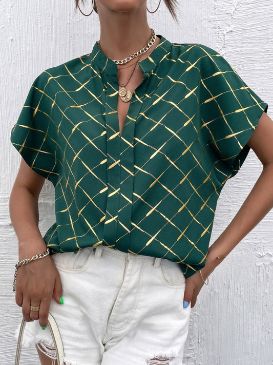 Printed Notched Short Sleeve Blouse - Babbazon Tops