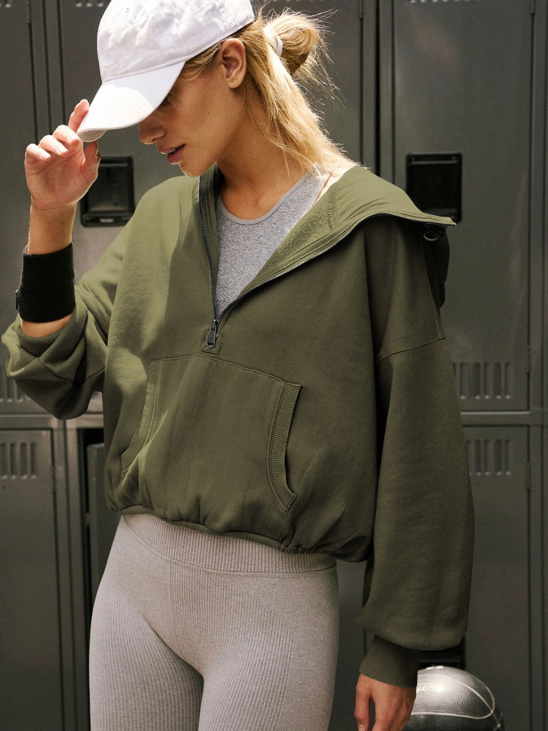 Half Zip Pocketed Dropped Shoulder Hoodie 