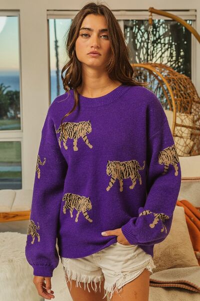 BiBi Tiger Pattern Long Sleeve Sweater - Babbazon Jumper