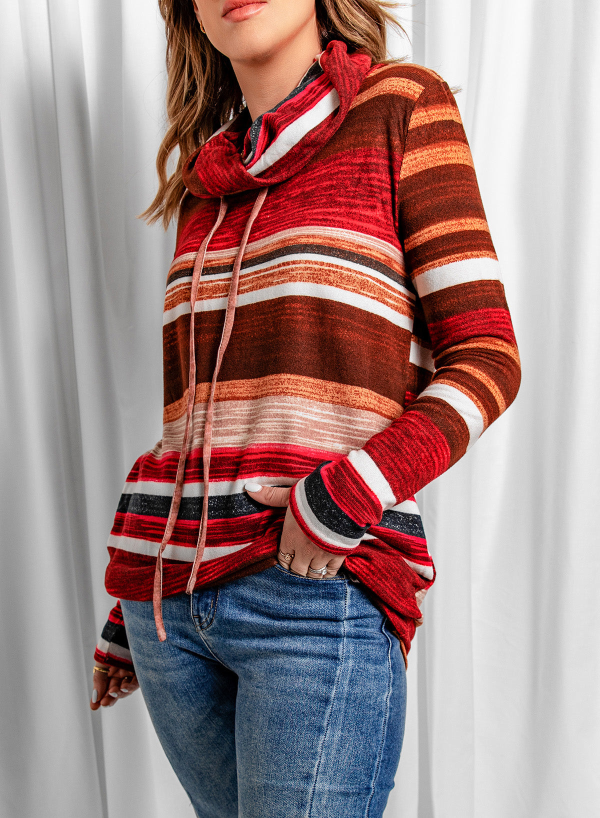 Striped Cowl Neck Tunic Sweatshirt