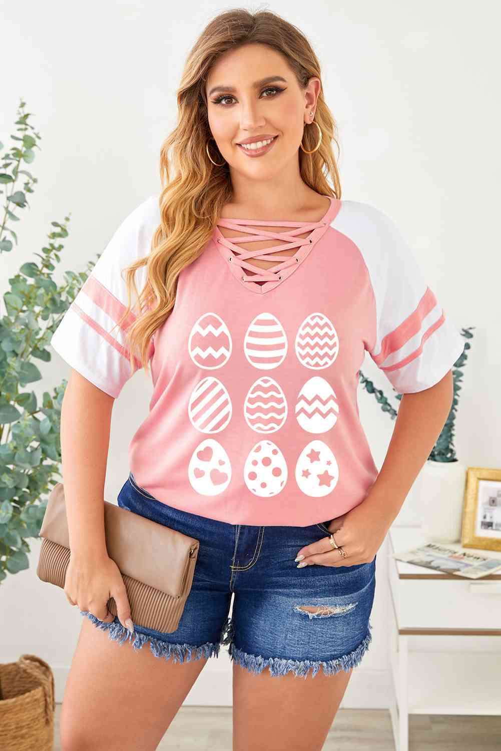 Plus Size Easter Egg Graphic Crisscross Tee Shirt 