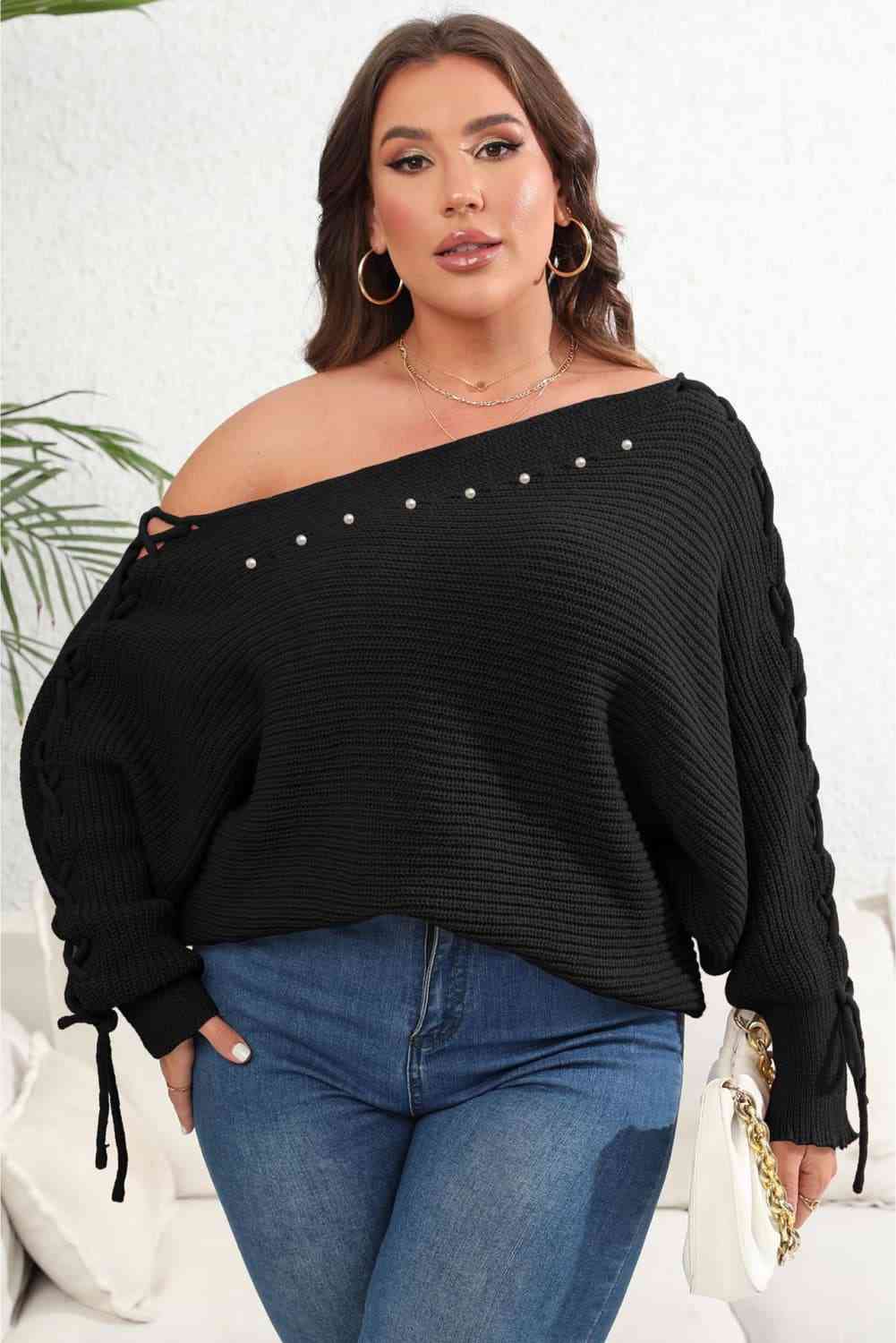 Plus Size One Shoulder Beaded Sweater 