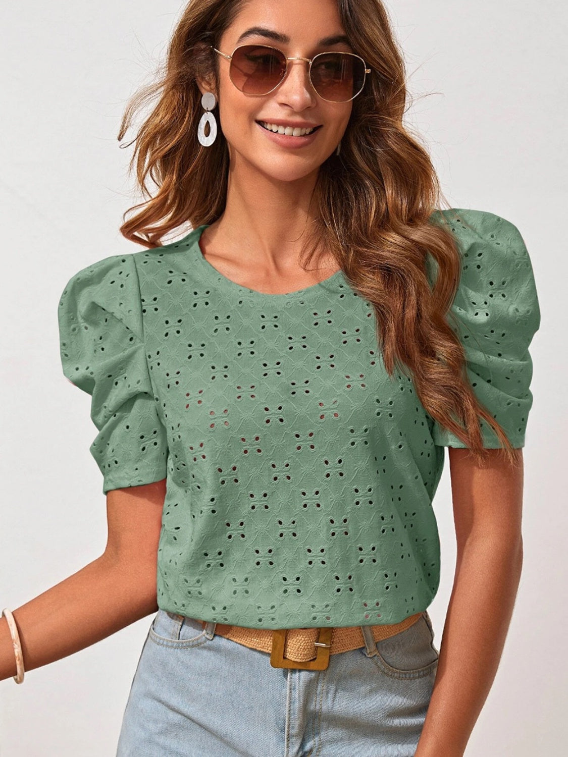 Eyelet Round Neck Puff Sleeve Blouse - Babbazon Camisole