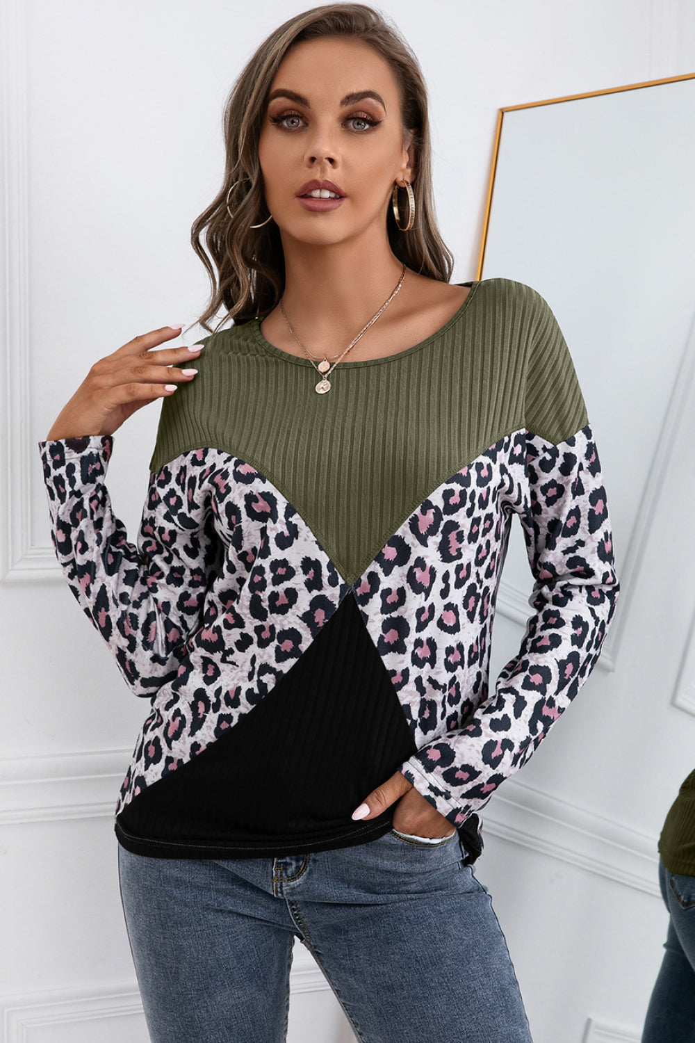 Leopard Patch Color Block Ribbed Top 