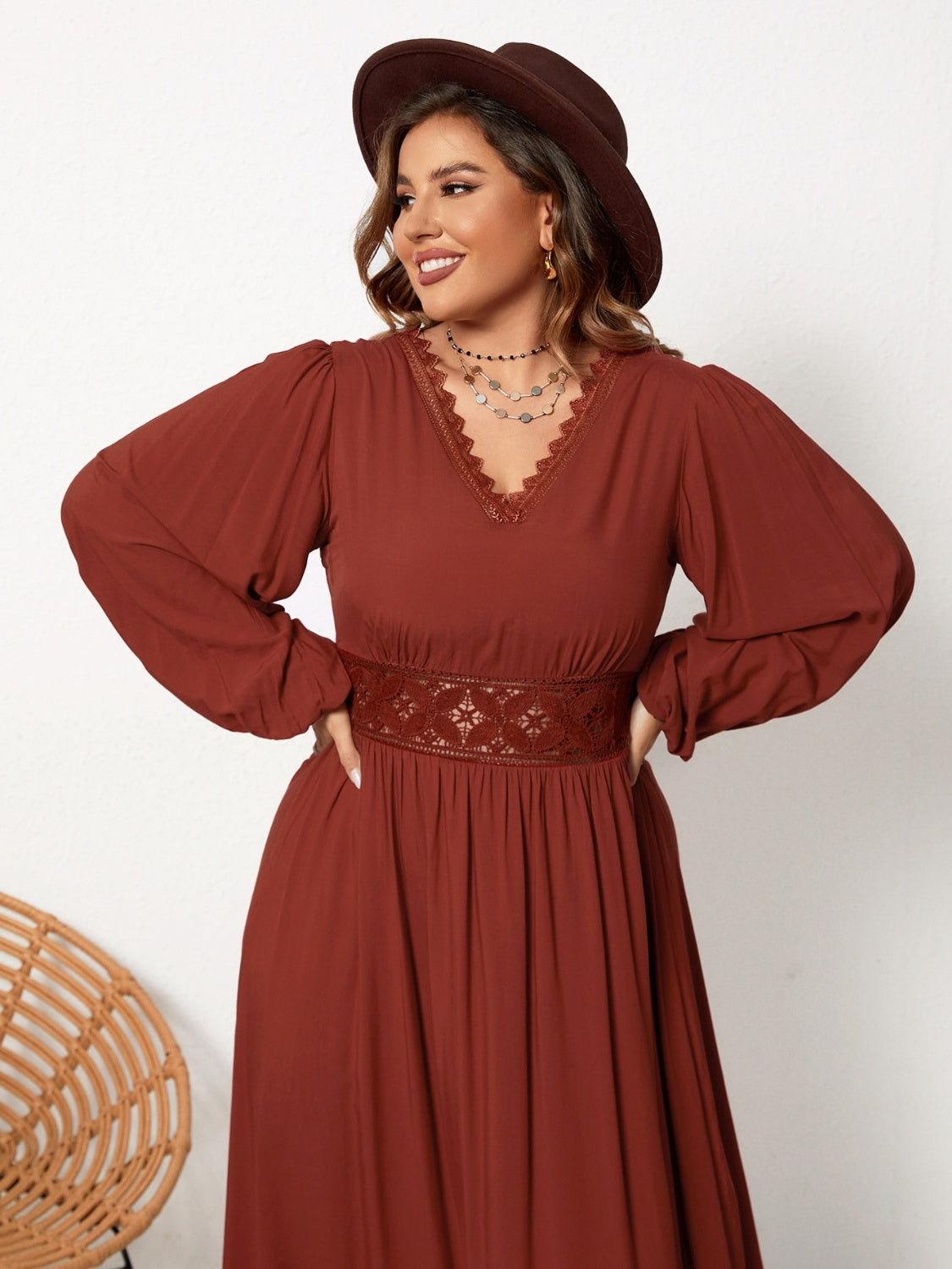 Plus Size Lace Detail V-Neck Balloon Sleeve Dress 