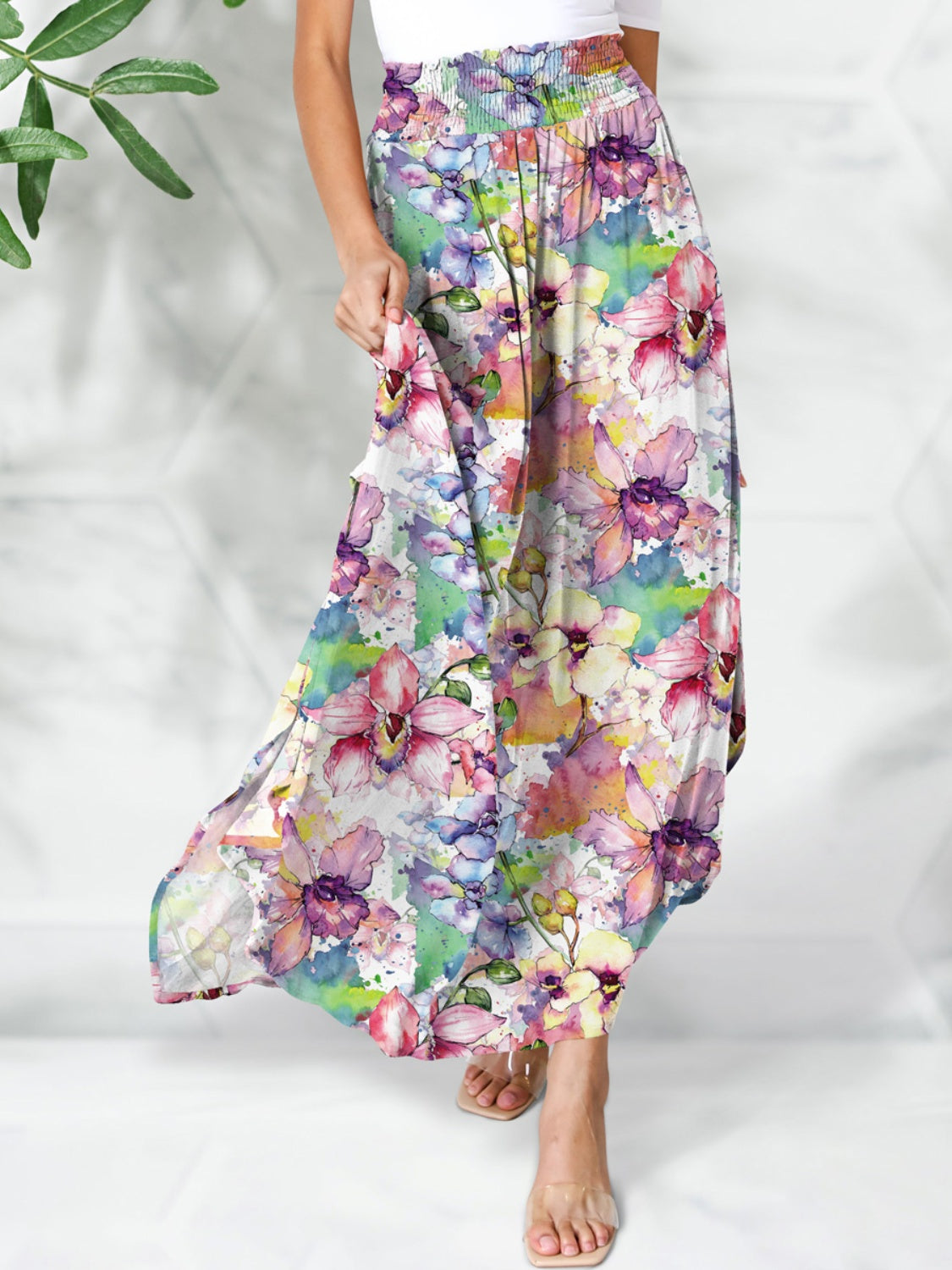 Smocked Printed Elastic Waist Maxi Skirt 