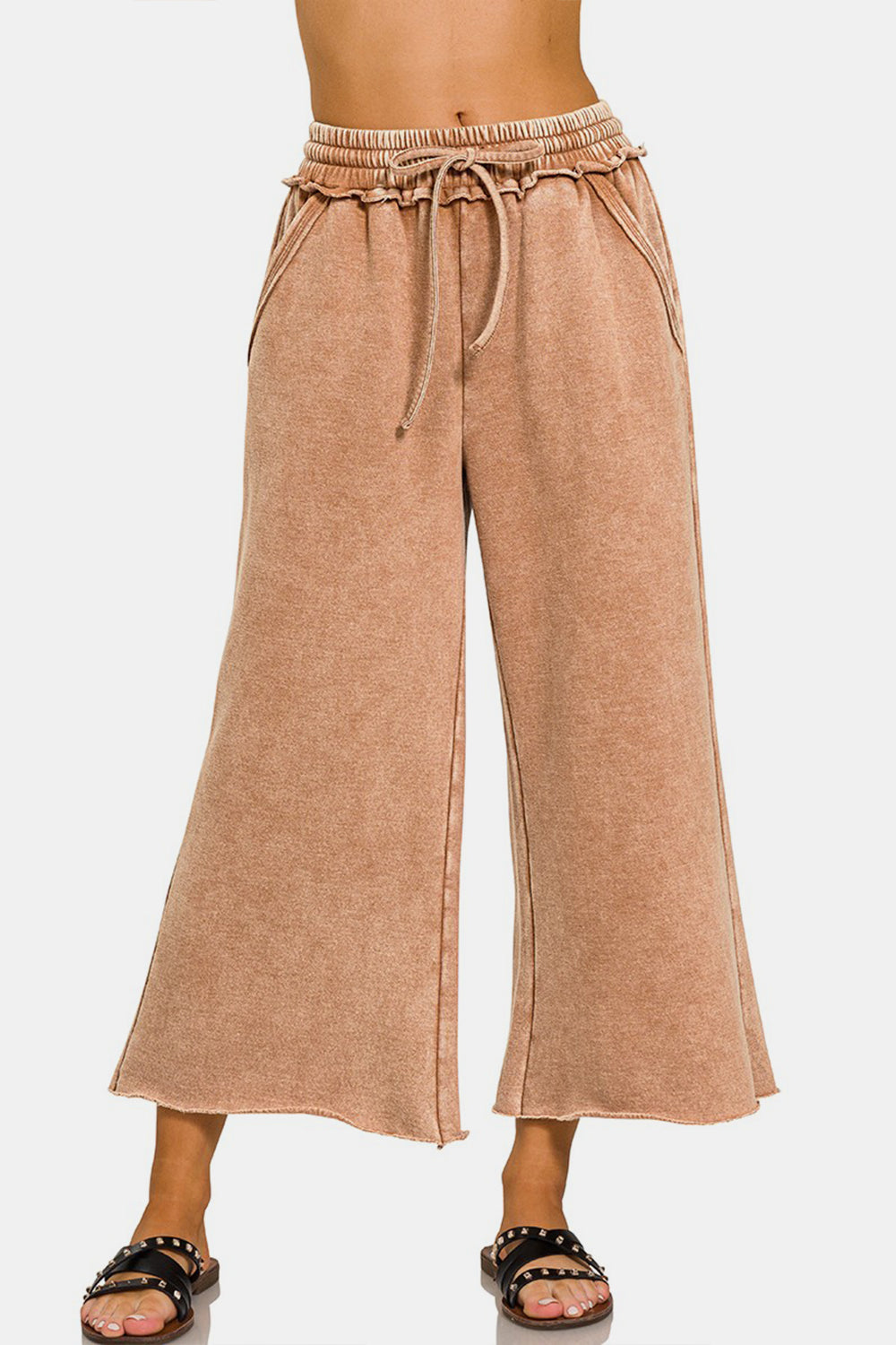 Zenana Acid Wash Fleece Wide Leg Pants - Babbazon