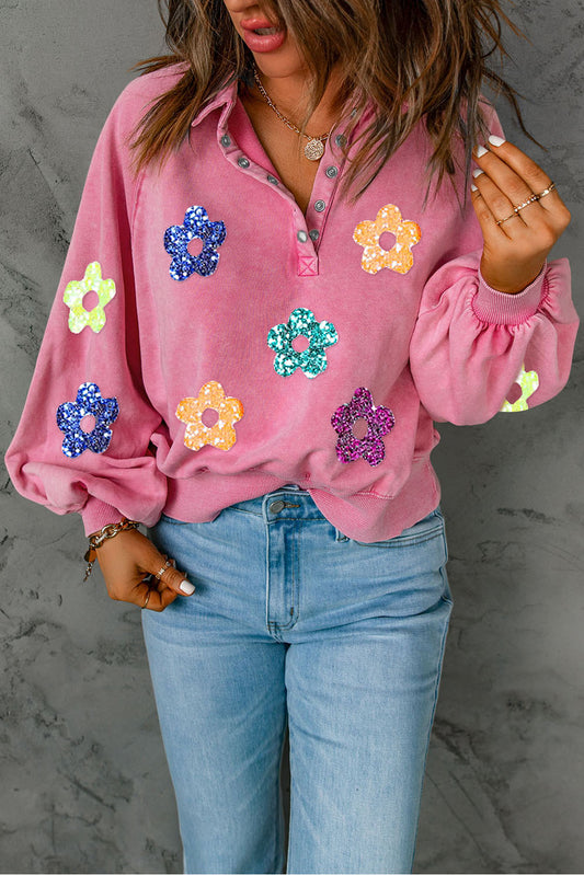 Sequin Flower Half Snap Lantern Sleeve Sweatshirt - Babbazon sweatshirt