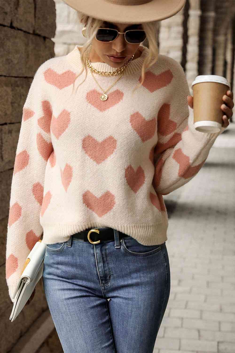 Heart Pattern Dropped Shoulder Sweater 