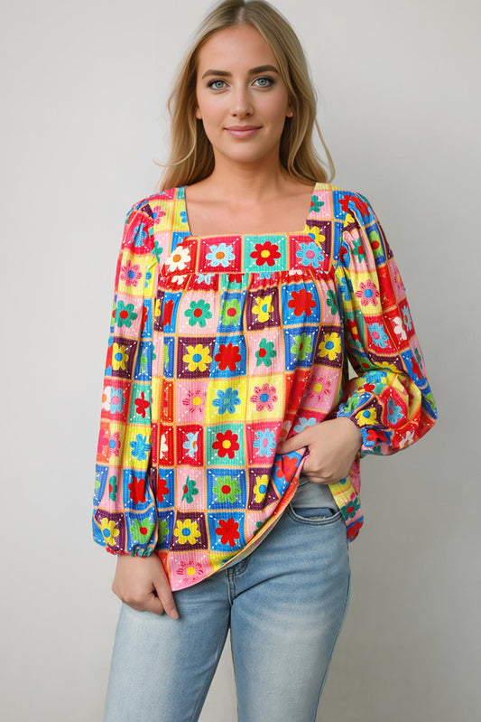 Printed Square Neck Balloon Sleeve Top 