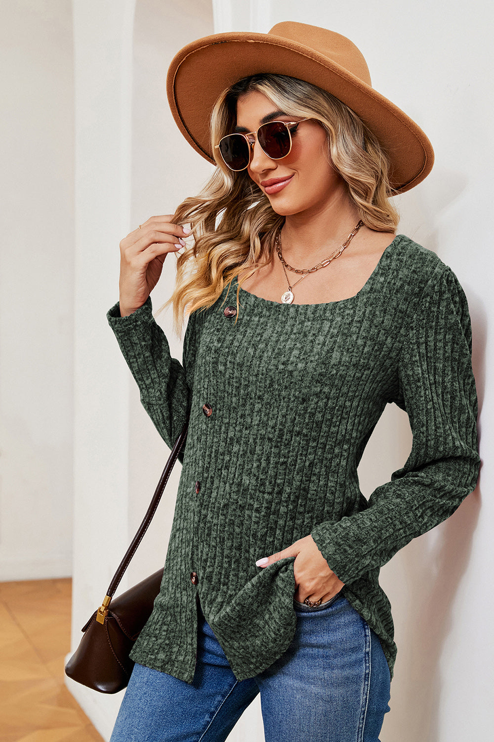 Decorative Button Square Neck T-Shirt 