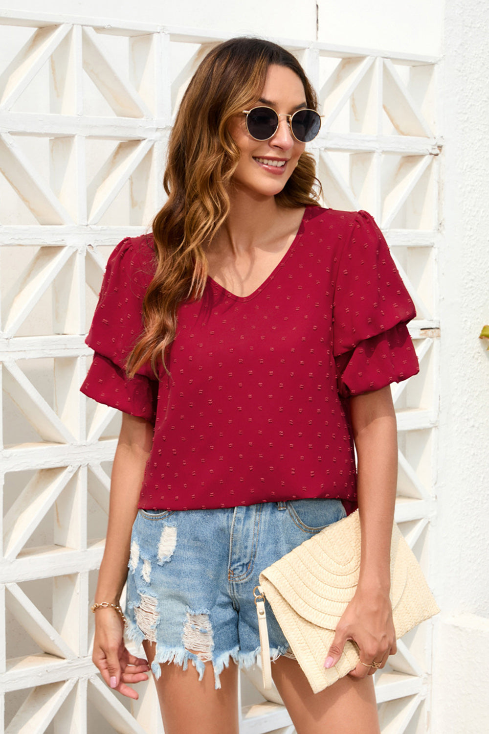 Swiss Dot V-Neck Short Sleeve Blouse 