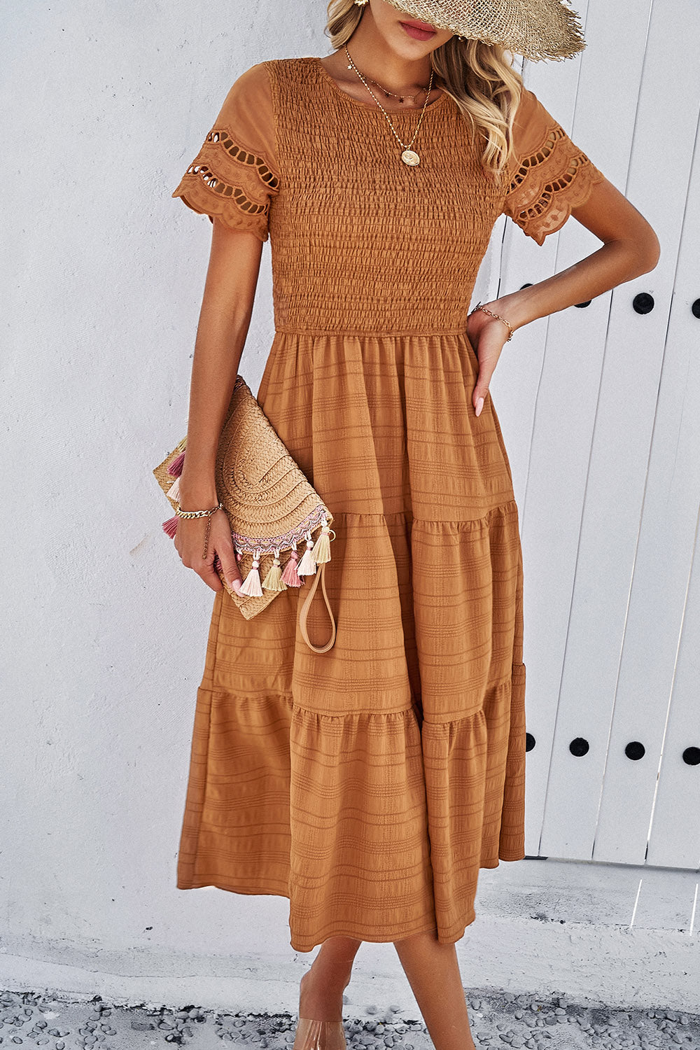 Smocked Round Neck Short Sleeve Midi Dress 