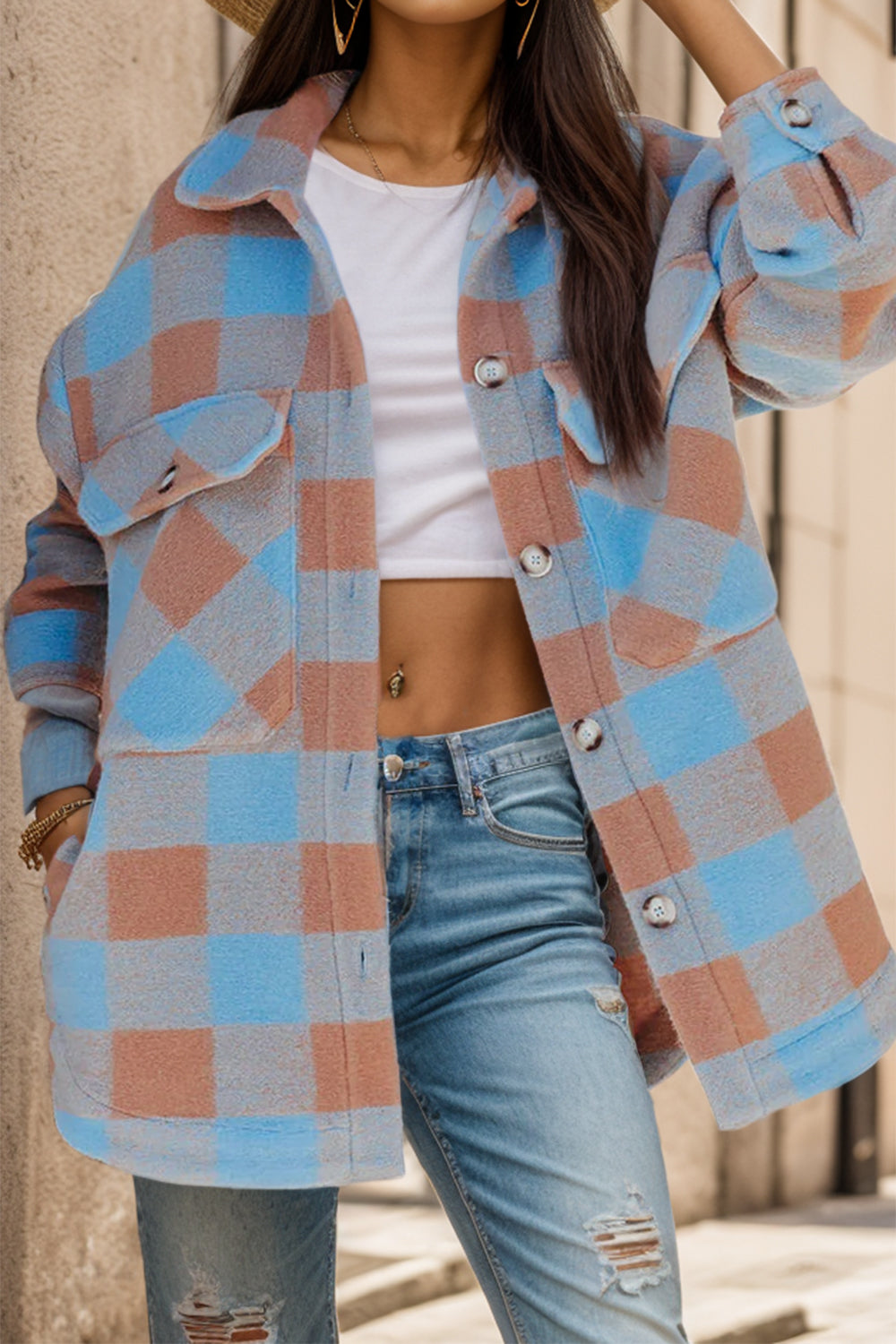 Plaid Button Up Dropped Shoulder Jacket 