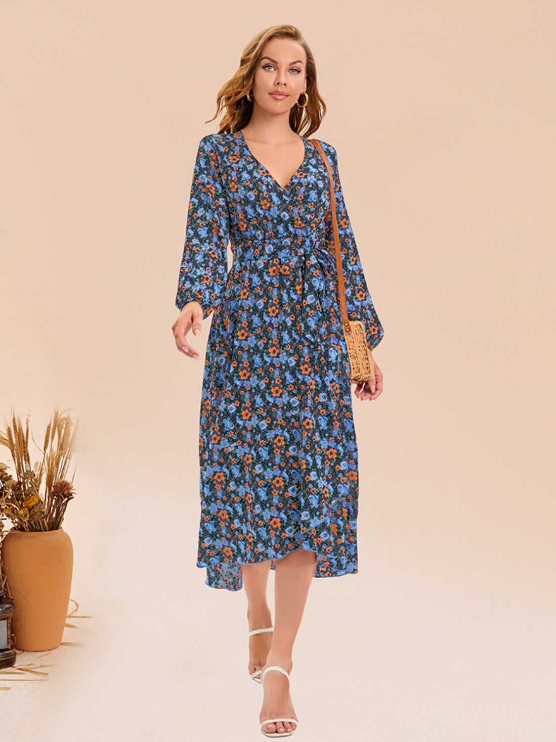 Full Size Printed Surplice Long Sleeve Dress 