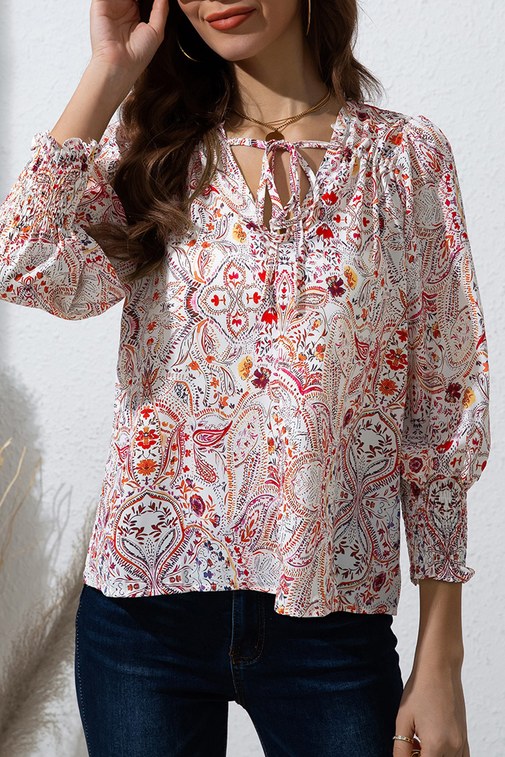 Printed Tie Neck Long Sleeve Blouse 