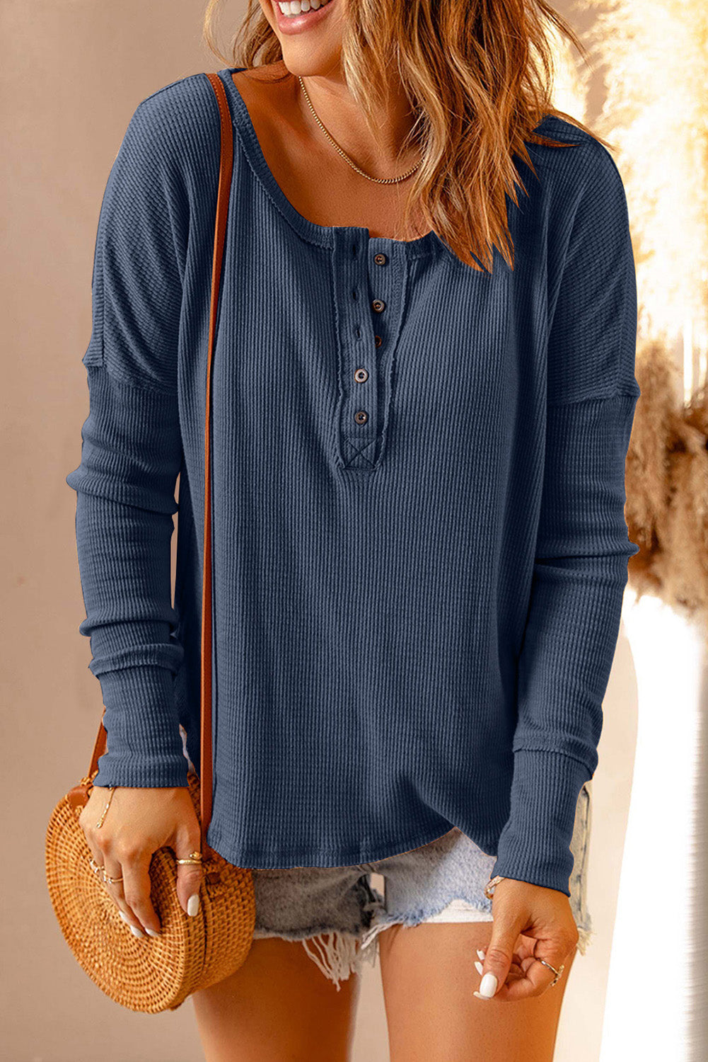 Waffle Knit Henley Long Sleeve Top - Babbazon Tops