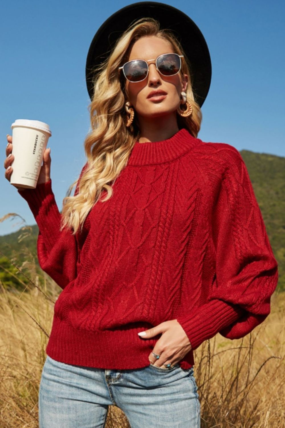 Ribbed Mock Neck Lantern Sleeve Sweater 