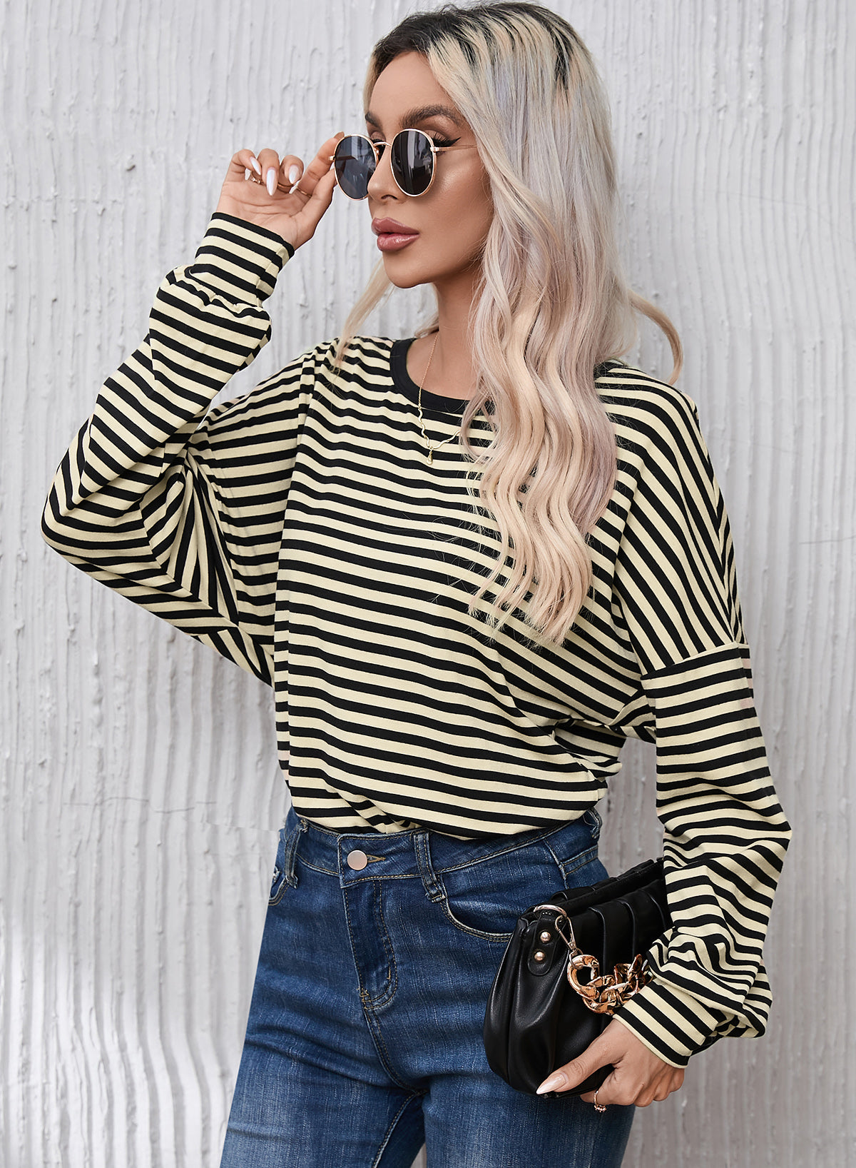 Striped Round Neck Dropped Shoulder T-Shirt 