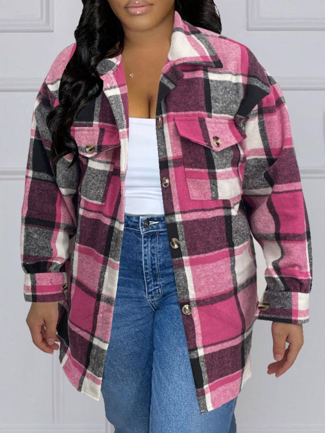 Plaid Button Up Dropped Shoulder Jacket 