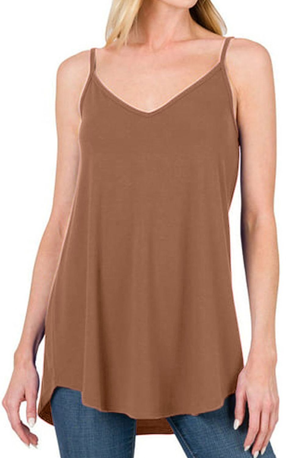 Full Size Spaghetti Strap V-Neck Flowy Tunic Cami - Babbazon