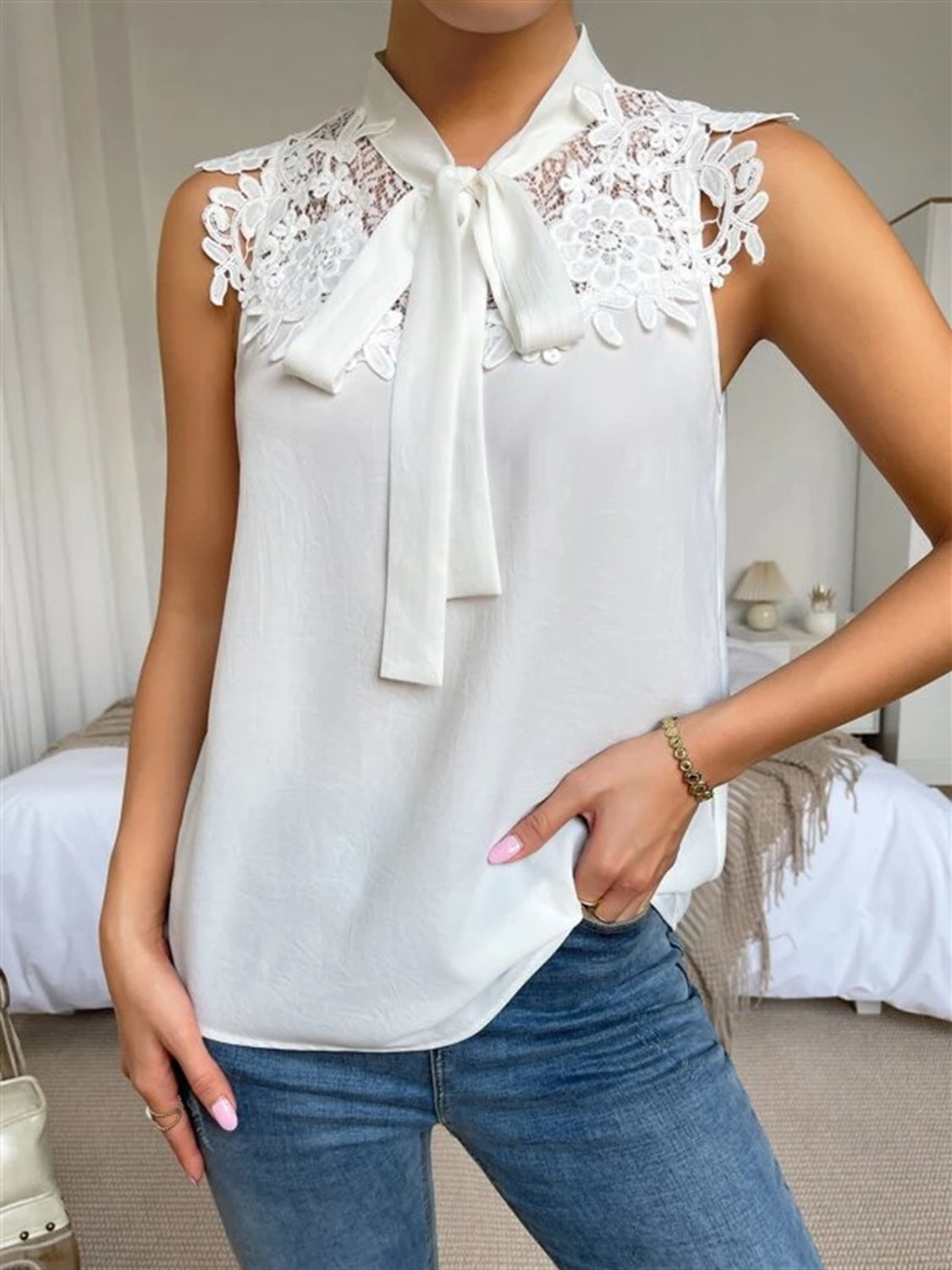 Lace Detail Tie Neck Tank 