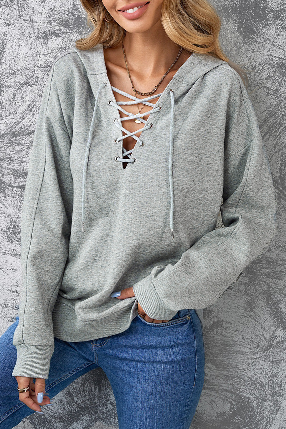 Lace-Up Dropped Shoulder Hoodie - Babbazon sweatshirt