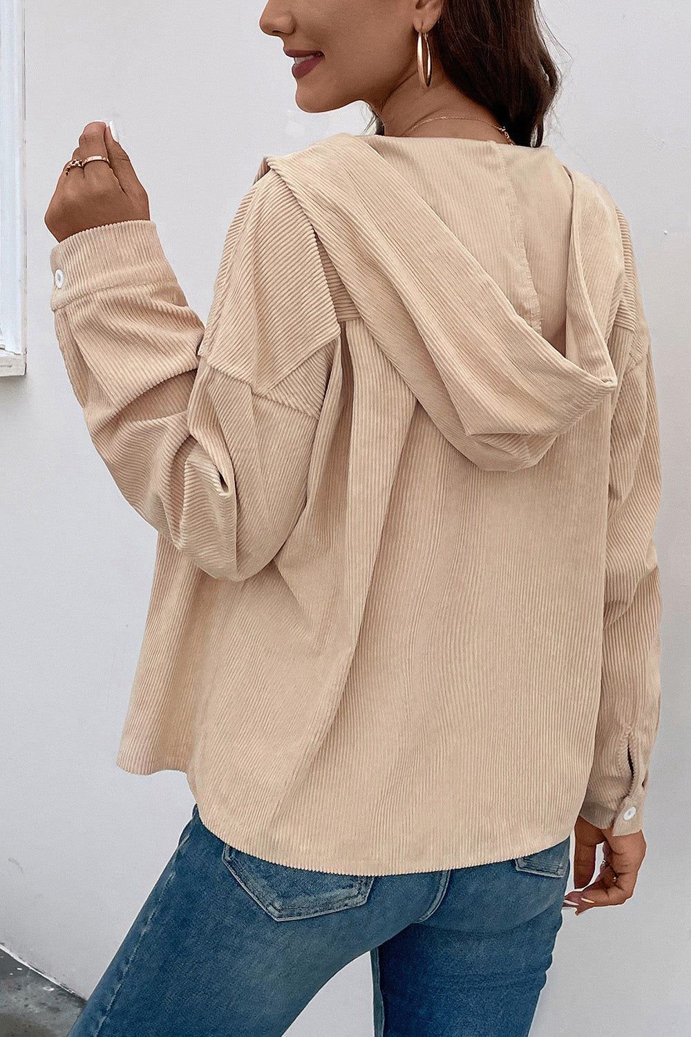 Ribbed Button Up Drawstring Hooded Jacket 