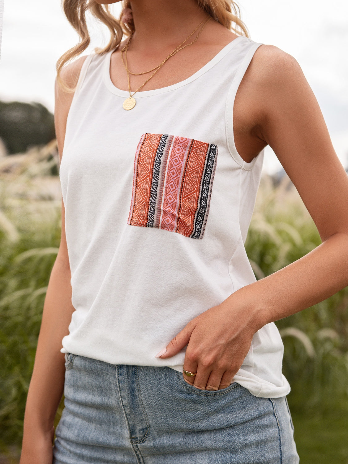 Pocketed Printed Round Neck Tank 