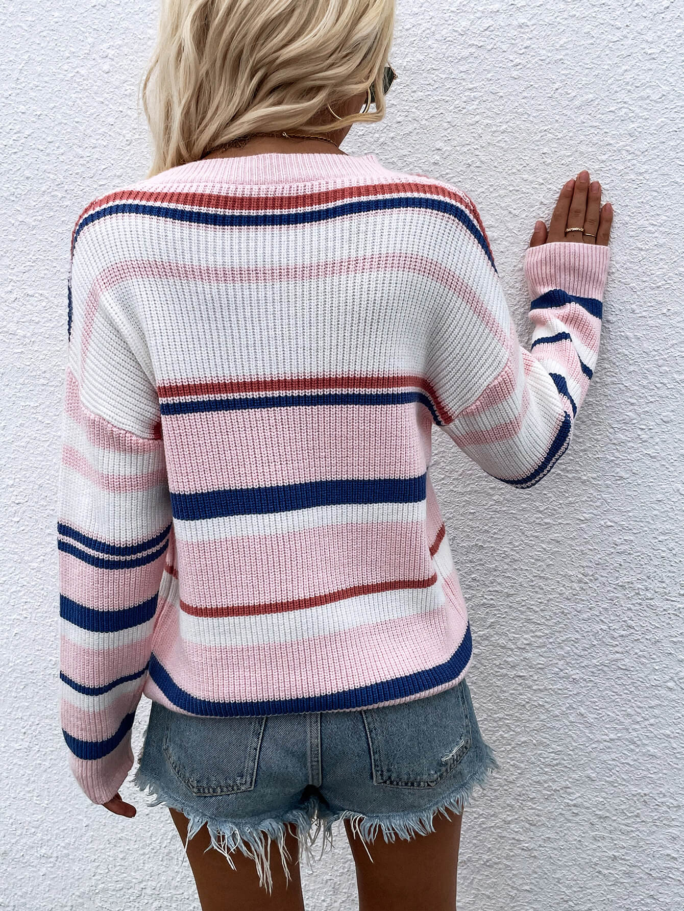 Striped Drop Shoulder Round Neck Pullover Sweater 