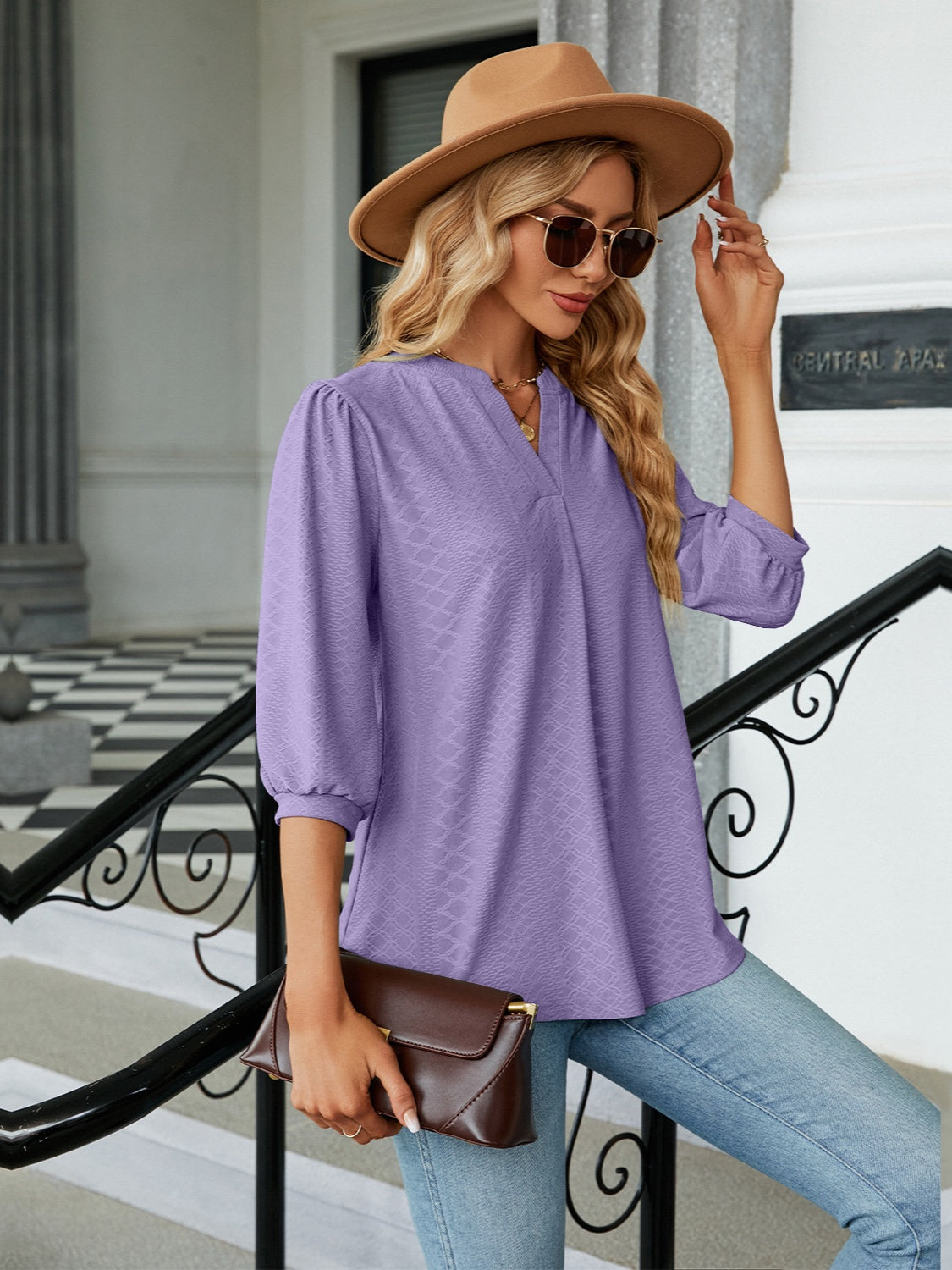 Textured Notched Three-Quarter Sleeve Blouse 