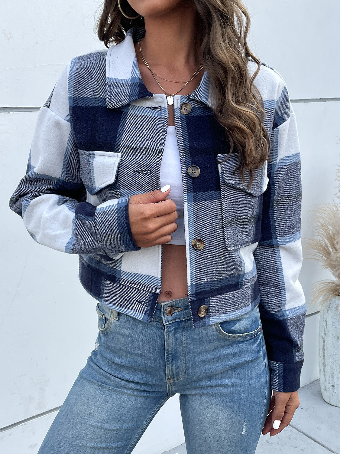 Plaid Button Up Drop Shoulder Cropped Jacket - Babbazon Jacket