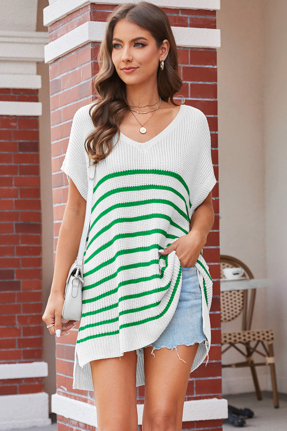 Striped V-Neck Short Sleeve Knit Top 