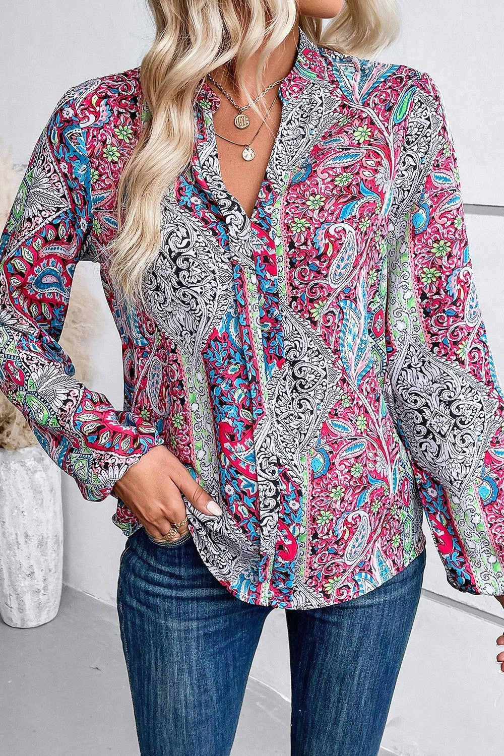 Printed Notched Long Sleeve Shirt 