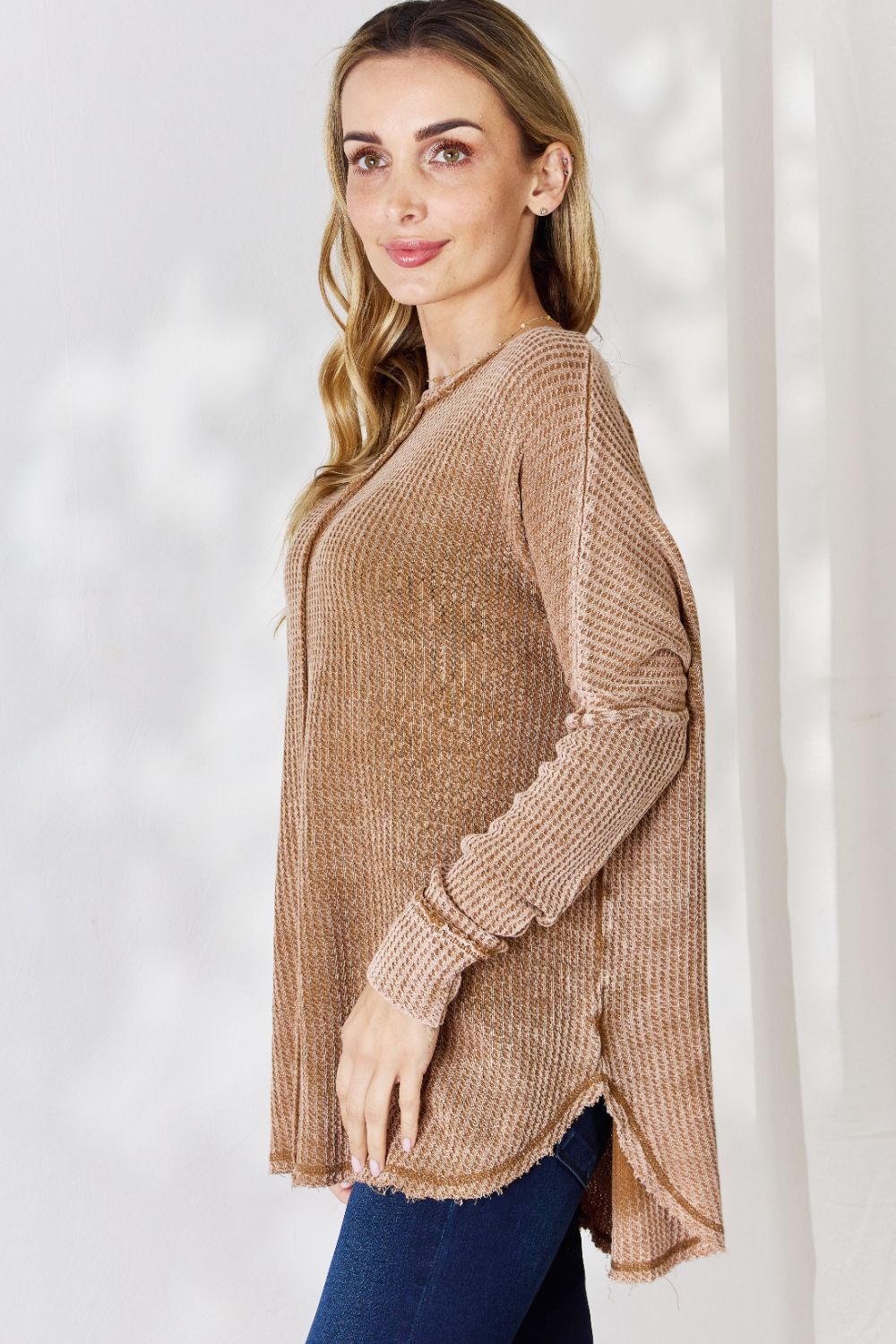 Zenana Oversized Washed Waffle Long Sleeve Top 