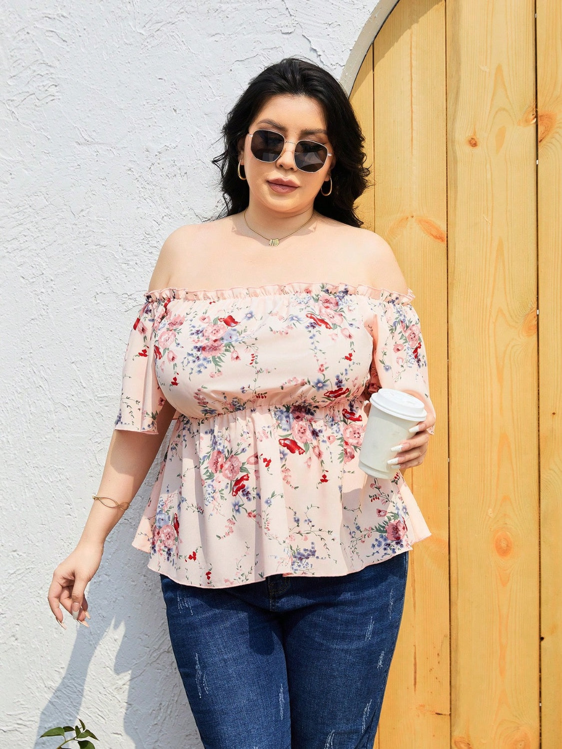 Plus Size Frill Printed Flutter Sleeve Blouse 