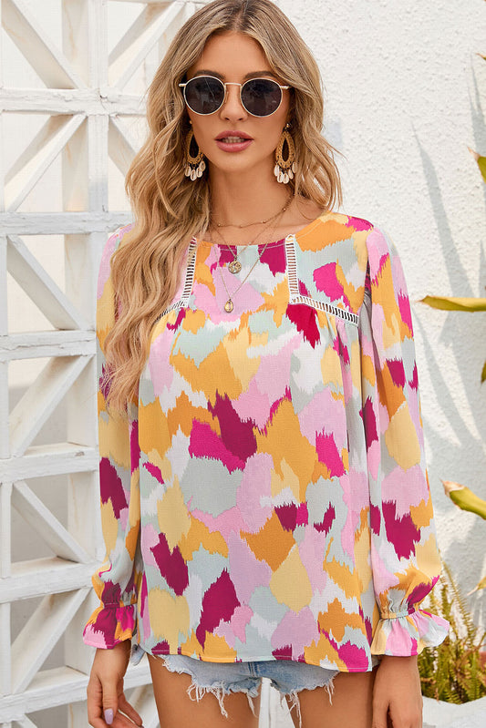 Printed Flounce Sleeve Buttoned Blouse - Babbazon blouse