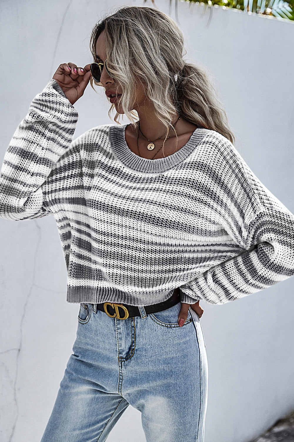 Striped Round Neck Dropped Shoulder Sweater 