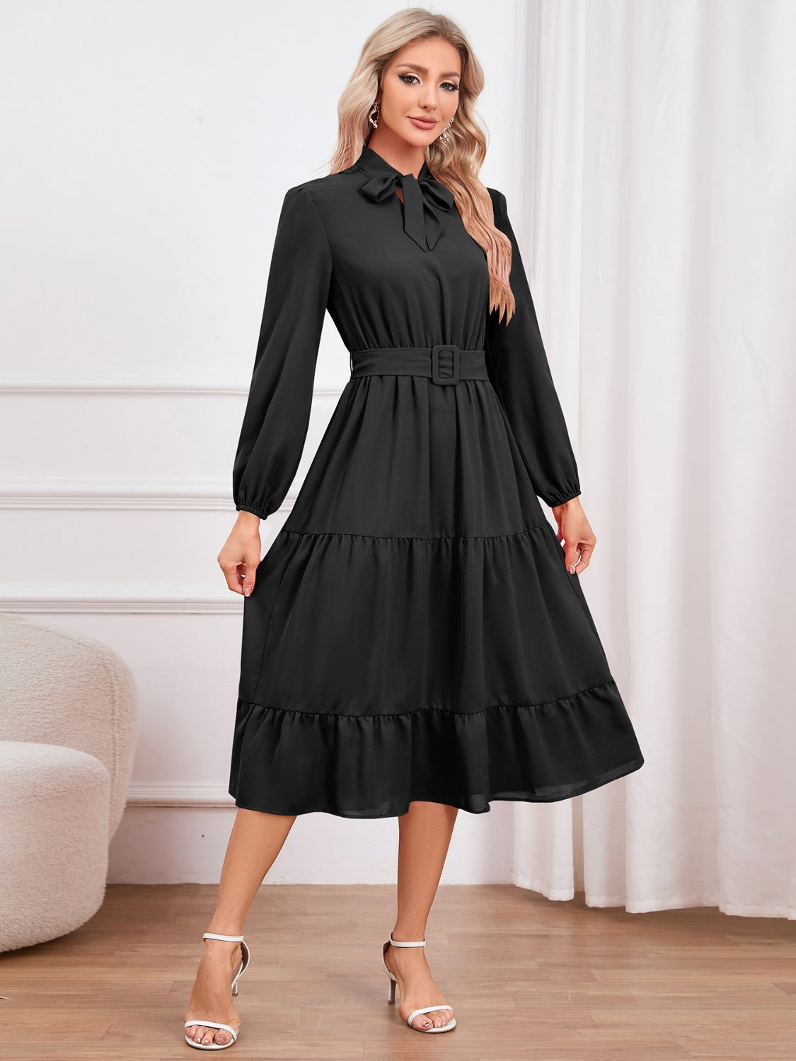 Tie Neck Long Sleeve Tiered Dress 