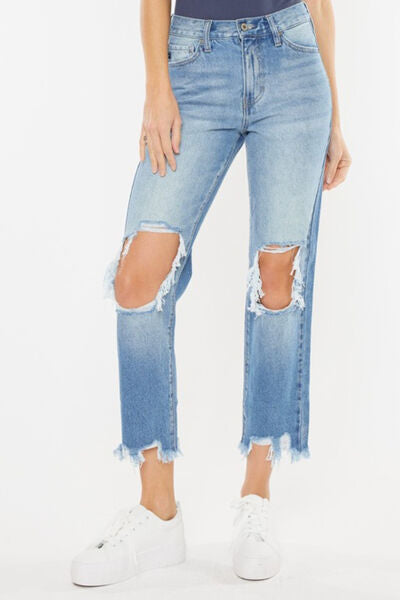 Kancan High Waist Chewed Up Straight Mom Jeans - Babbazon