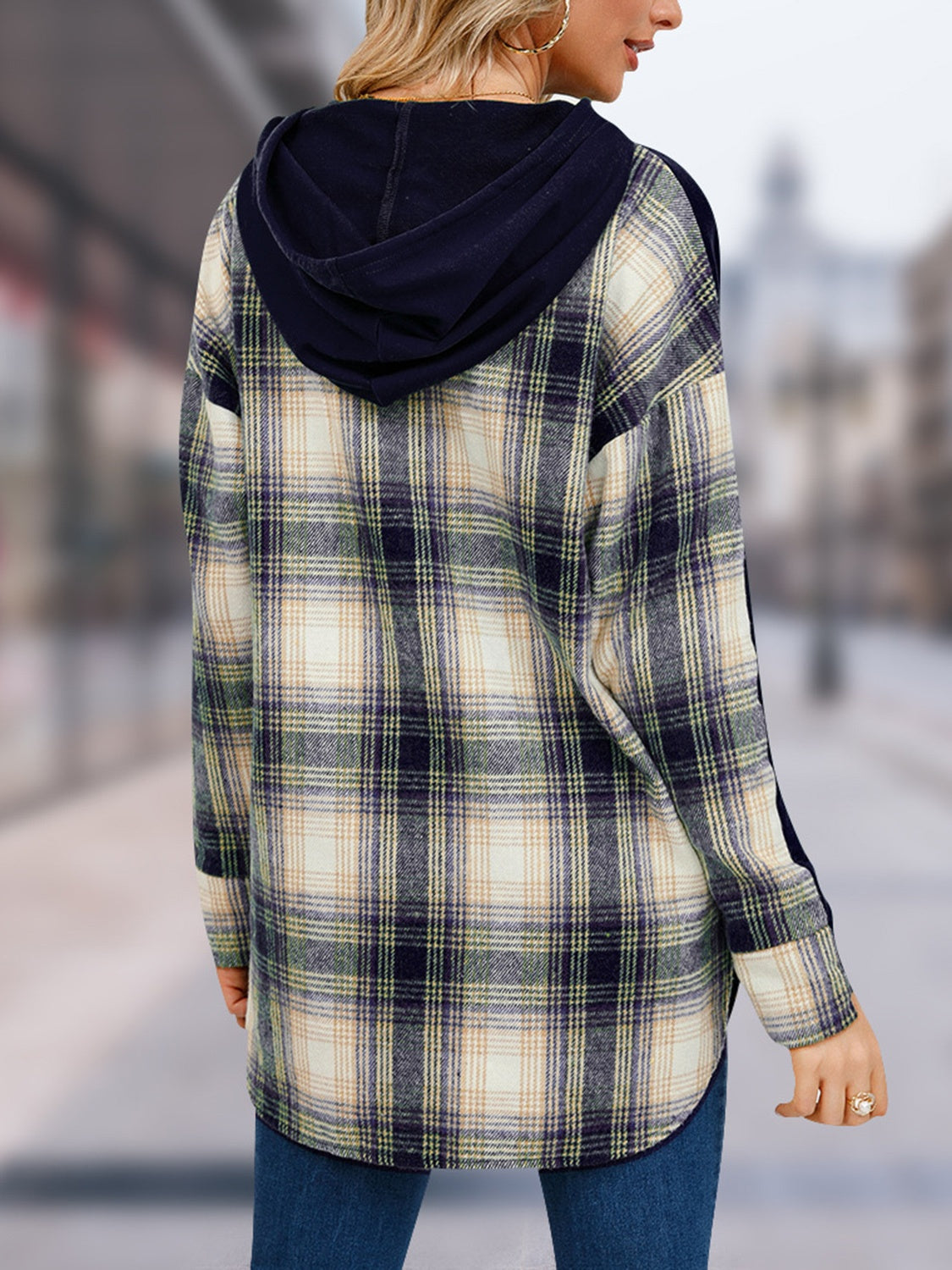 Plaid Drawstring Long Sleeve Slit Hoodie 