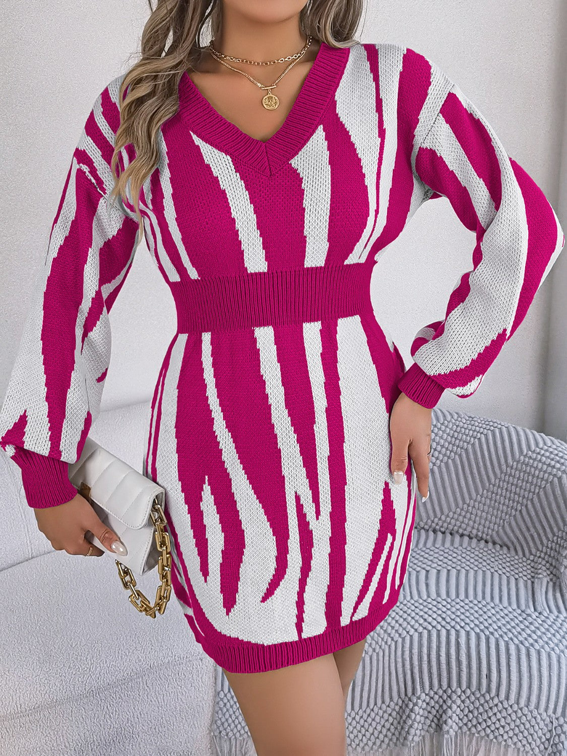 Animal Print V-Neck Long Sleeve Sweater Dress 