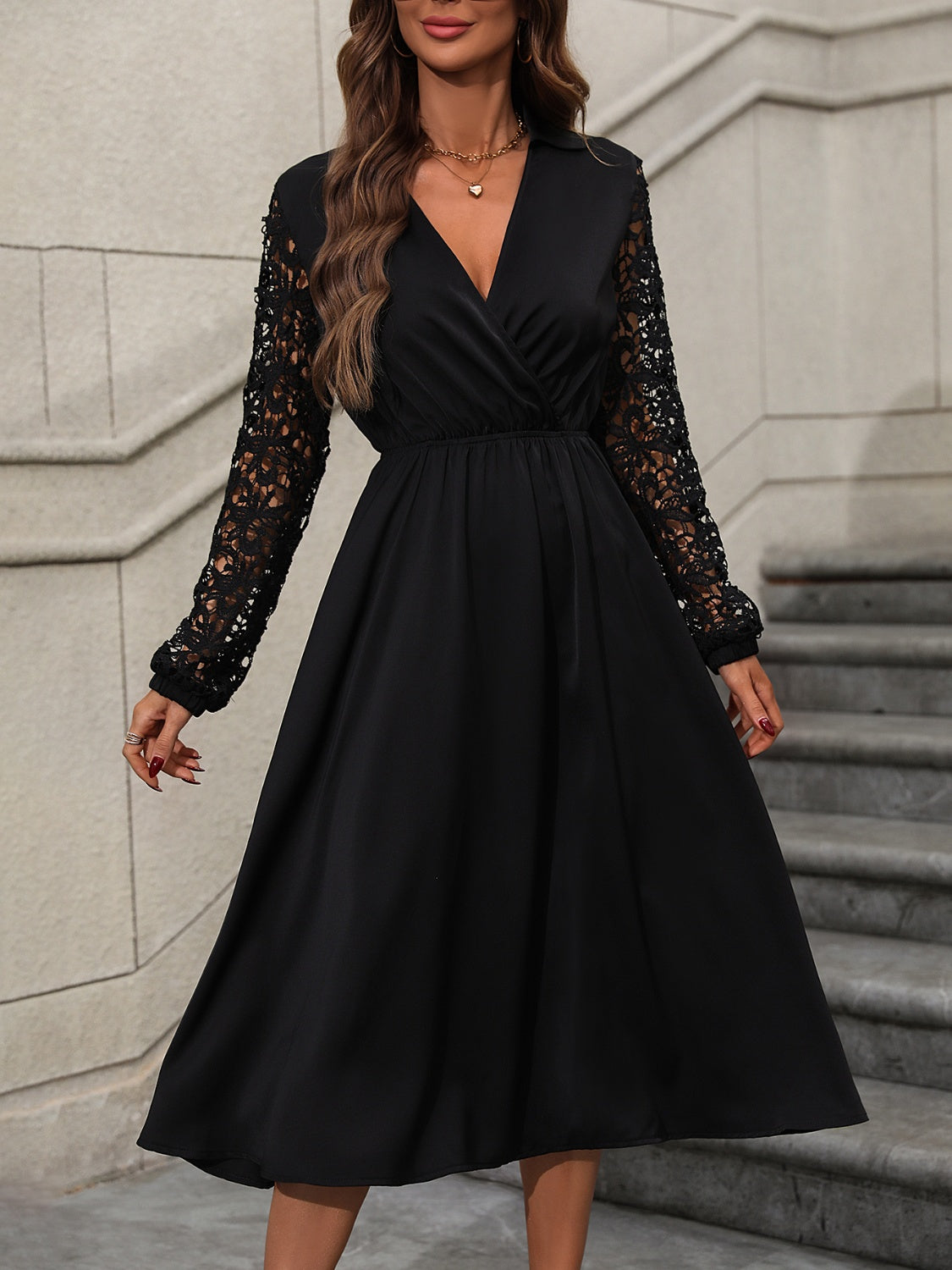 Crochet Long Sleeve Surplice Dress 